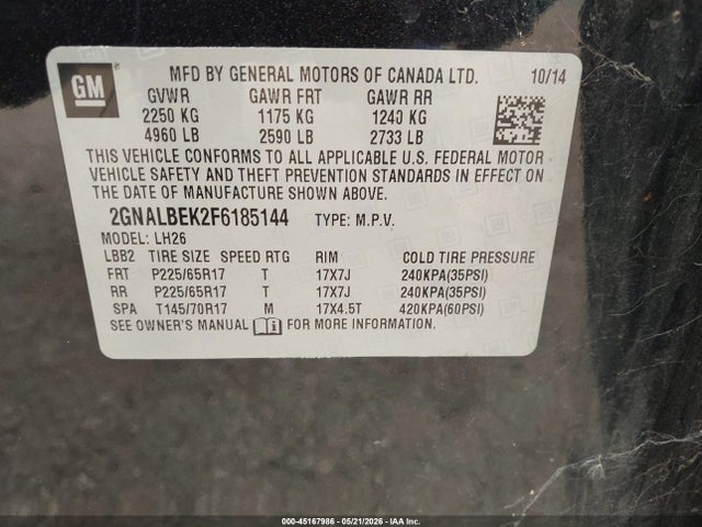 45167986 :رقم المزاد ، 2GNALBEK2F6185144 vin ، 2015 Chevrolet Equinox 1lt مزاد بيع