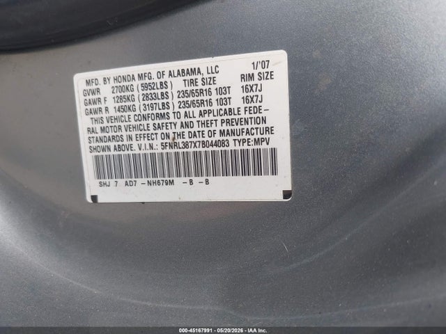 2007 Honda Odyssey Ex-l მანქანა იყიდება აუქციონზე, vin: 5FNRL387X7B044083, აუქციონის ნომერი: 45167991