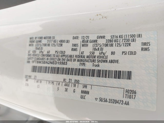 Aukcja sprzedaży 2022 Ford F-350 Xl, vin: 1FT8W3BN2NED15503, numer aukcji: 45167993