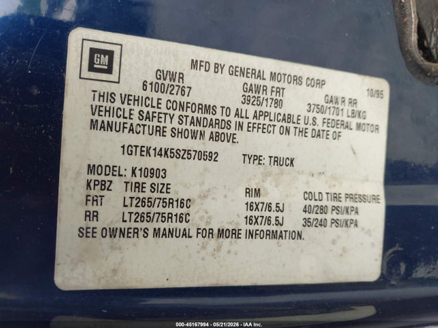 Продаж на аукціоні авто 1995 Gmc Sierra K1500, vin: 1GTEK14K5SZ570592, номер лоту: 45167994