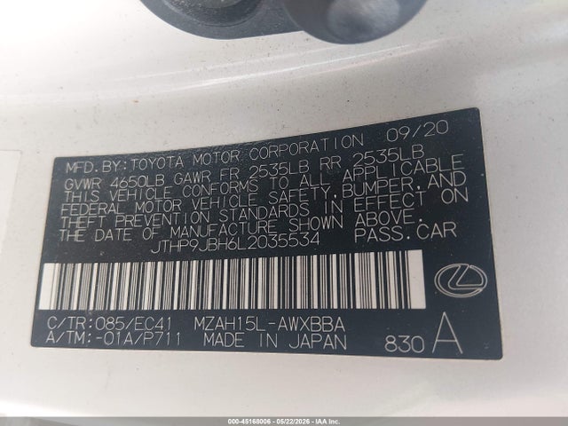 2020 Lexus Ux 250h მანქანა იყიდება აუქციონზე, vin: JTHP9JBH6L2035534, აუქციონის ნომერი: 45168006