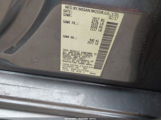 Aukcja sprzedaży 2017 Nissan Altima 2.5 Sv, vin: 1N4AL3AP7HC210524, numer aukcji: 45168007