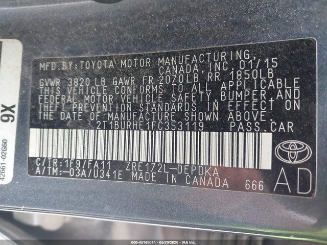 Aukcja sprzedaży 2015 Toyota Corolla L, vin: 2T1BURHE1FC353119, numer aukcji: 45168011