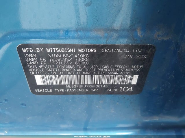 2024 Mitsubishi Mirage G4 Es მანქანა იყიდება აუქციონზე, vin: ML32FUFJ7RHF08145, აუქციონის ნომერი: 45168010