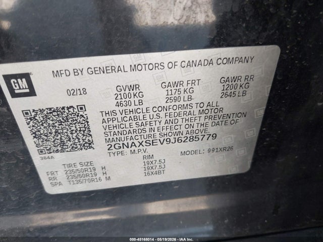 Aukcja sprzedaży 2018 Chevrolet Equinox Lt, vin: 2GNAXSEV9J6285779, numer aukcji: 45168014