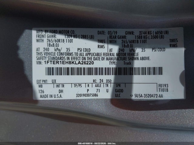 Продаж на аукціоні авто 2019 Ford Ranger Lariat, vin: 1FTER1EH8KLA26220, номер лоту: 45168016
