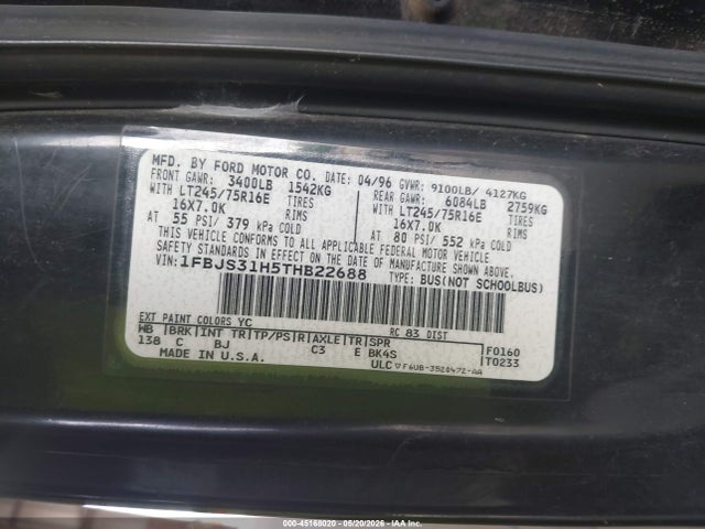 45168020 :رقم المزاد ، 1FBJS31H5THB22688 vin ، 1996 Ford Econoline E350 Super Duty مزاد بيع