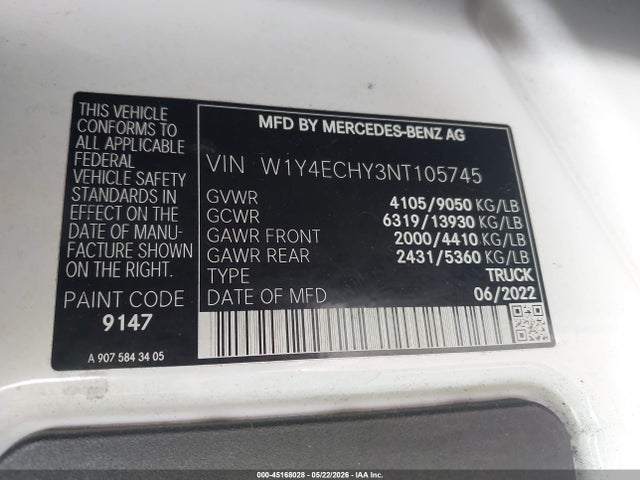 45168028 :رقم المزاد ، W1Y4ECHY3NT105745 vin ، 2022 Mercedes-benz Sprinter 2500 High Roof V6 مزاد بيع