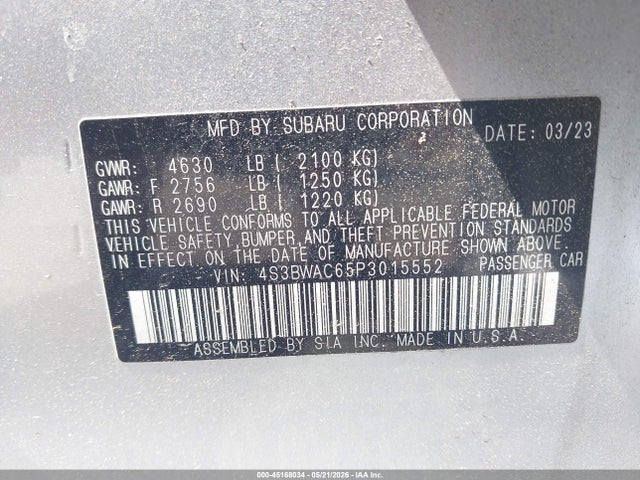 45168034 :رقم المزاد ، 4S3BWAC65P3015552 vin ، 2023 Subaru Legacy Premium مزاد بيع