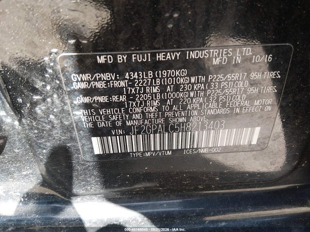 2017 Subaru Crosstrek 2.0i Limited მანქანა იყიდება აუქციონზე, vin: JF2GPALC5H8213403, აუქციონის ნომერი: 45168040