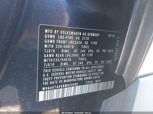 Aukcja sprzedaży 2011 Volkswagen Tiguan Se, vin: WVGAV7AX5BW523293, numer aukcji: 45168042