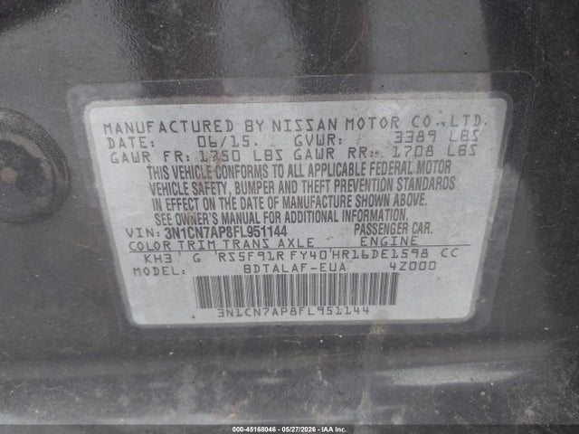 Nissan Versa 1.6 S 2015 3N1CN7AP8FL951144 Image 9