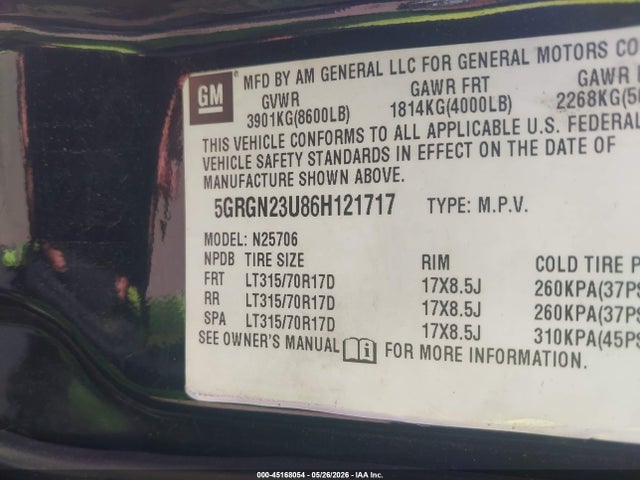 Продажа на аукционе авто 2006 Hummer H2 Suv, vin: 5GRGN23U86H121717, номер лота: 45168054