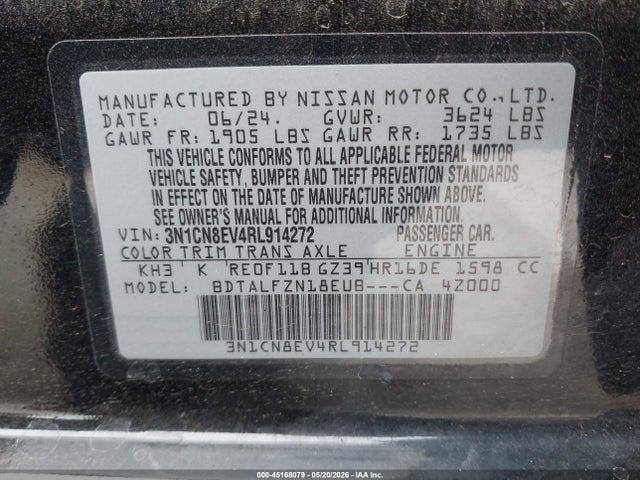 2024 Nissan Versa 1.6 Sv მანქანა იყიდება აუქციონზე, vin: 3N1CN8EV4RL914272, აუქციონის ნომერი: 45168079