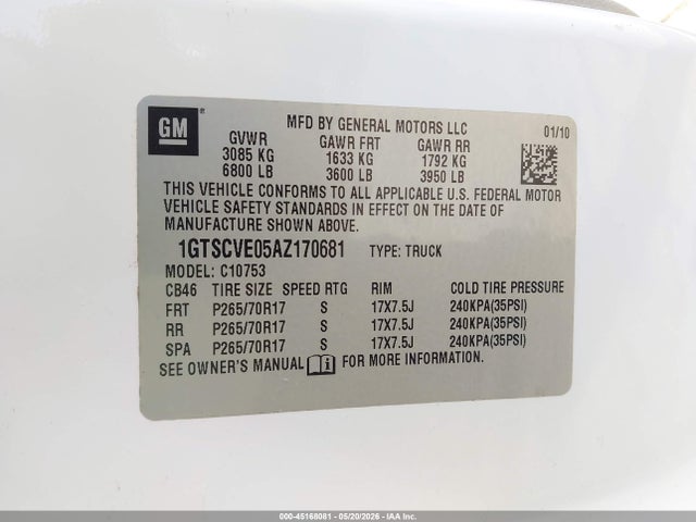 Продаж на аукціоні авто 2010 Gmc Sierra 1500 Sle, vin: 1GTSCVE05AZ170681, номер лоту: 45168081