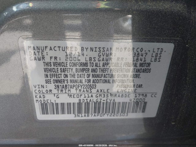 45168090 :رقم المزاد ، 3N1AB7AP0FY220503 vin ، 2015 Nissan Sentra Sl مزاد بيع