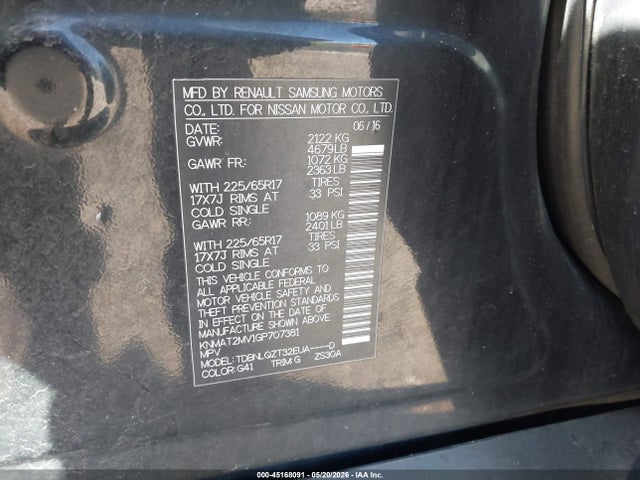 45168091 :رقم المزاد ، KNMAT2MV1GP707381 vin ، 2016 Nissan Rogue S/sl/sv مزاد بيع