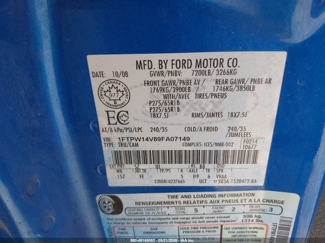 45168092 :رقم المزاد ، 1FTPW14V89FA07149 vin ، 2009 Ford F-150 Fx4/king Ranch/lariat/platinum/xl/xlt مزاد بيع