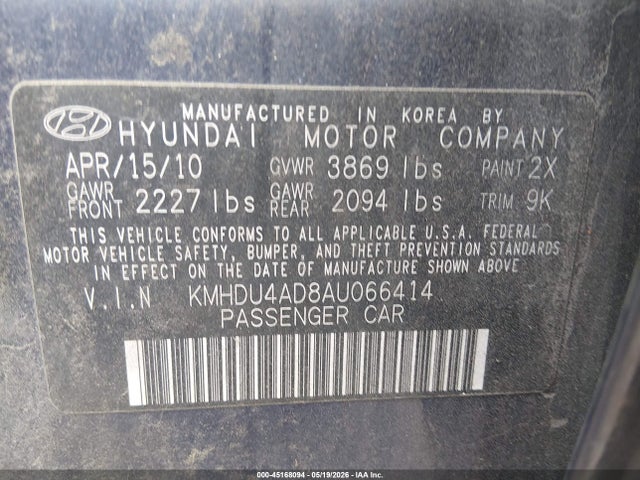 Aukcja sprzedaży 2010 Hyundai Elantra Gls, vin: KMHDU4AD8AU066414, numer aukcji: 45168094