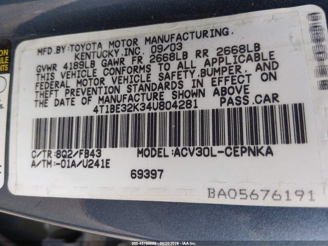 Продажа на аукционе авто 2004 Toyota Camry Le, vin: 4T1BE32K34U804281, номер лота: 45168095