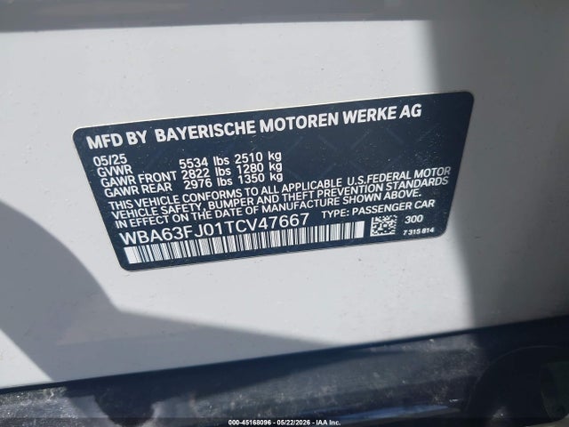 Aukcja sprzedaży 2026 Bmw 540i Xdrive, vin: WBA63FJ01TCV47667, numer aukcji: 45168096