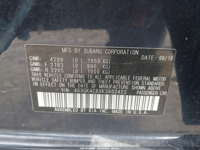 45168097 :رقم المزاد ، 4S3GKAC6XK3602422 vin ، 2019 Subaru Impreza 2.0i Premium مزاد بيع