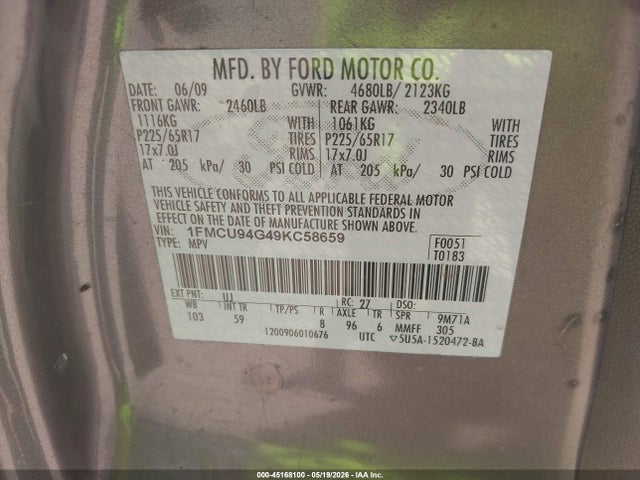 2009 Ford Escape Limited მანქანა იყიდება აუქციონზე, vin: 1FMCU94G49KC58659, აუქციონის ნომერი: 45168100