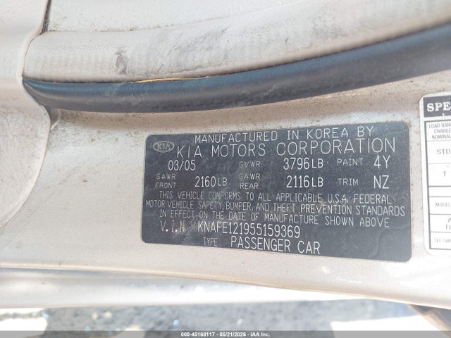 Продаж на аукціоні авто 2005 Kia Spectra Ex/lx/sx, vin: KNAFE121955159369, номер лоту: 45168117
