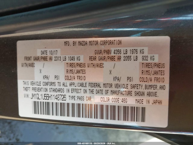 45168118 :رقم المزاد ، JM1GL1U56H1148726 vin ، 2017 Mazda Mazda6 Sport مزاد بيع