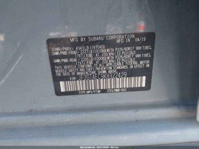 Subaru Crosstrek 2.0i Premium 2019 JF2GTAEC9KH322429 Image 9