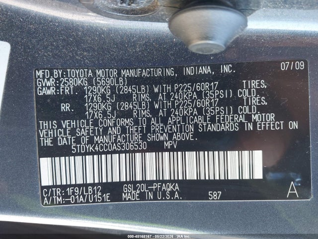 Aukcja sprzedaży 2010 Toyota Sienna Xle, vin: 5TDYK4CC0AS306530, numer aukcji: 45168167