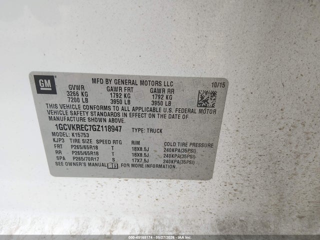 2016 Chevrolet Silverado 1500 2lt მანქანა იყიდება აუქციონზე, vin: 1GCVKREC7GZ118947, აუქციონის ნომერი: 45168174