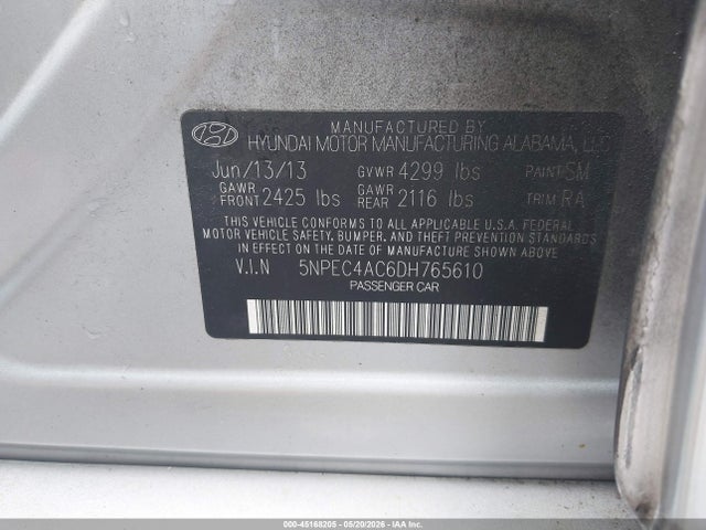 Продажа на аукционе авто 2013 Hyundai Sonata Se, vin: 5NPEC4AC6DH765610, номер лота: 45168205