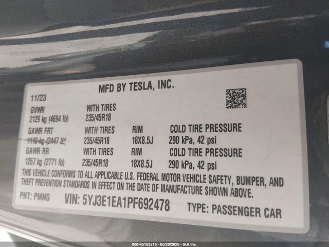 Продаж на аукціоні авто 2023 Tesla Model 3 Rear-wheel Drive, vin: 5YJ3E1EA1PF692478, номер лоту: 45168216
