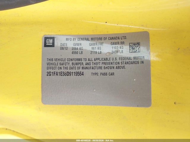 Aukcja sprzedaży 2013 Chevrolet Camaro 2ls, vin: 2G1FA1E38D9119564, numer aukcji: 45168220