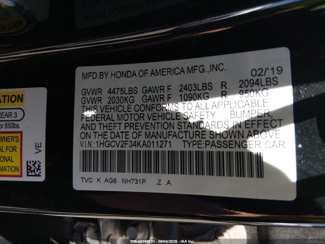 Продаж на аукціоні авто 2019 Honda Accord Sport 2.0t, vin: 1HGCV2F34KA011271, номер лоту: 45168231