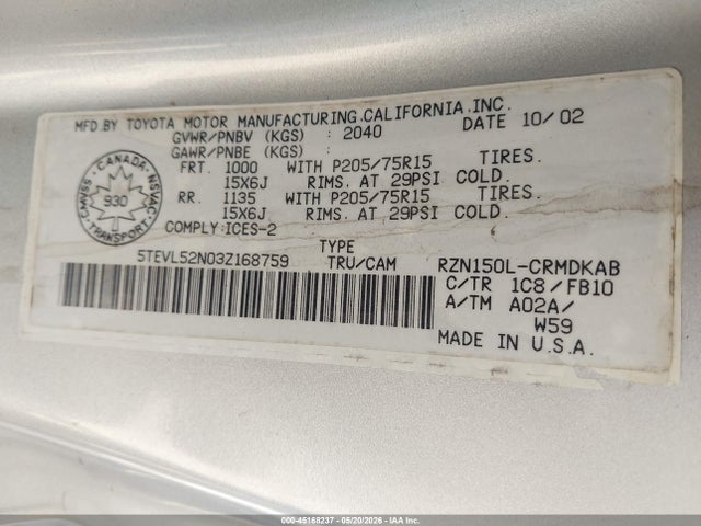 2003 Toyota Tacoma მანქანა იყიდება აუქციონზე, vin: 5TEVL52N03Z168759, აუქციონის ნომერი: 45168237