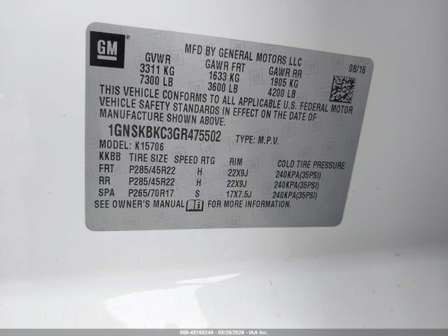 1GNSKBKC3GR475502 Chevrolet Tahoe Lt