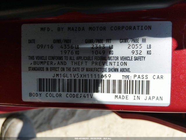 2017 Mazda Mazda6 Touring მანქანა იყიდება აუქციონზე, vin: JM1GL1V5XH1111659, აუქციონის ნომერი: 45168253
