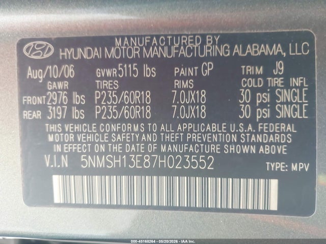 2007 Hyundai Santa Fe Limited/se მანქანა იყიდება აუქციონზე, vin: 5NMSH13E87H023552, აუქციონის ნომერი: 45168264