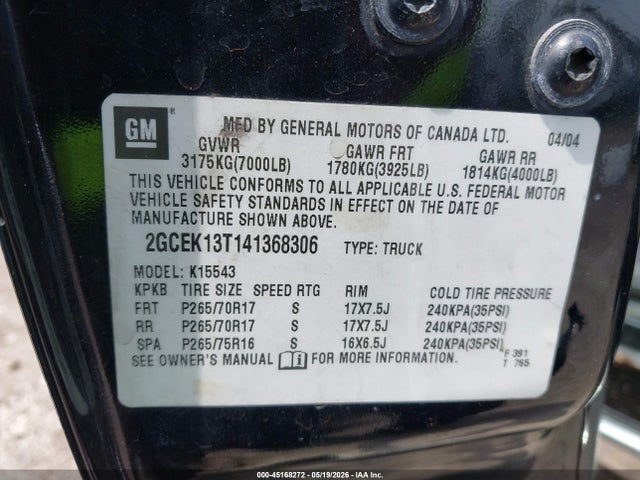 Aukcja sprzedaży 2004 Chevrolet Silverado 1500 Z71, vin: 2GCEK13T141368306, numer aukcji: 45168272