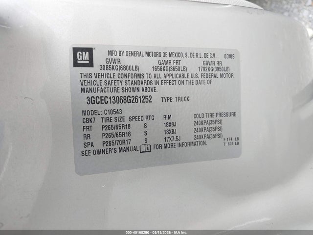 45168280 :رقم المزاد ، 3GCEC13068G261252 vin ، 2008 Chevrolet Silverado 1500 Lt1 مزاد بيع