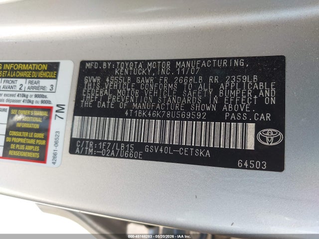 Aukcja sprzedaży 2008 Toyota Camry Se V6, vin: 4T1BK46K78U569592, numer aukcji: 45168283