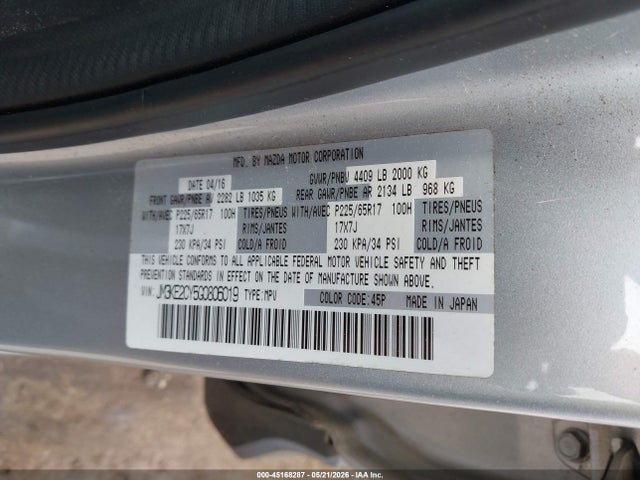 45168287 :رقم المزاد ، JM3KE2CY5G0806019 vin ، 2016 Mazda Cx-5 Touring مزاد بيع