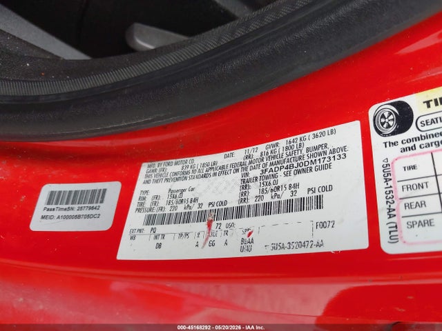 45168292 :رقم المزاد ، 3FADP4BJ0DM173133 vin ، 2013 Ford Fiesta Se مزاد بيع