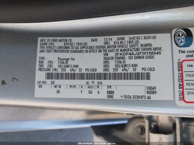 Продаж на аукціоні авто 2015 Ford Fiesta S, vin: 3FADP4AJ2FM158945, номер лоту: 45168298