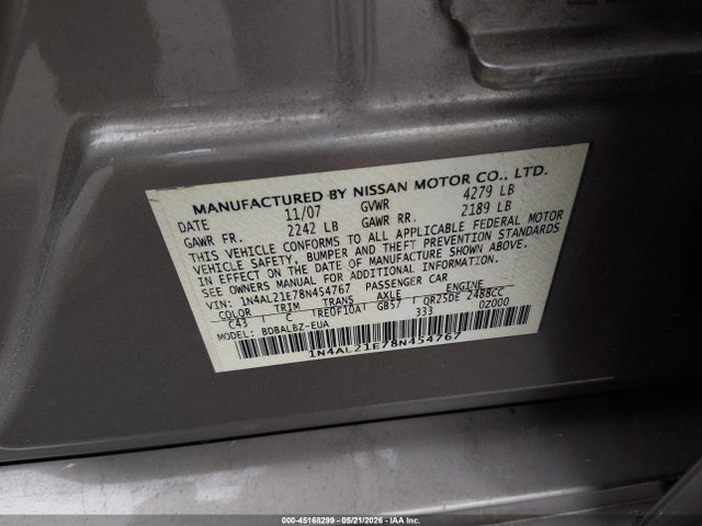 Продаж на аукціоні авто 2008 Nissan Altima 2.5 S, vin: 1N4AL21E78N454767, номер лоту: 45168299
