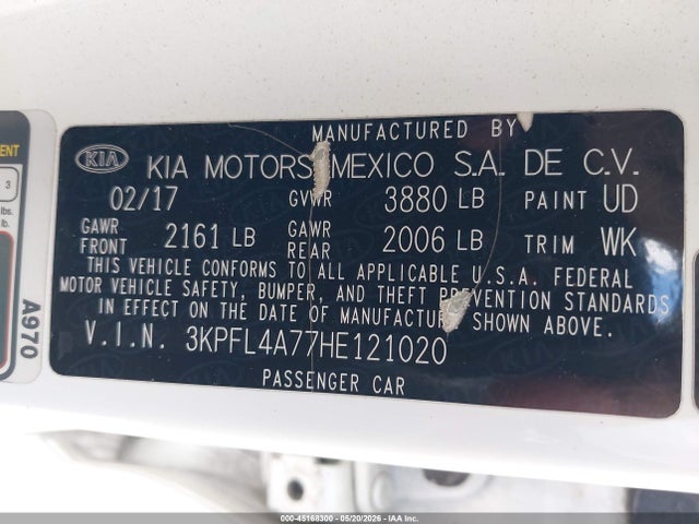 2017 Kia Forte S მანქანა იყიდება აუქციონზე, vin: 3KPFL4A77HE121020, აუქციონის ნომერი: 45168300