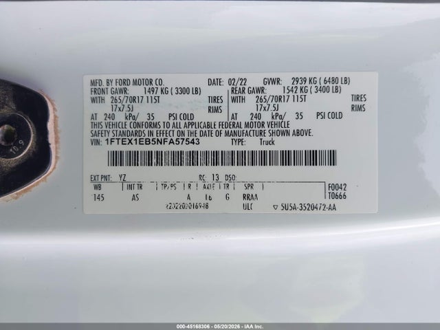 45168306 :رقم المزاد ، 1FTEX1EB5NFA57543 vin ، 2022 Ford F-150 Xl مزاد بيع