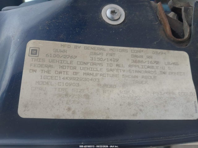 Aukcja sprzedaży 1994 Chevrolet Gmt-400 C1500, vin: 1GCEC14K9RZ230403, numer aukcji: 45168313